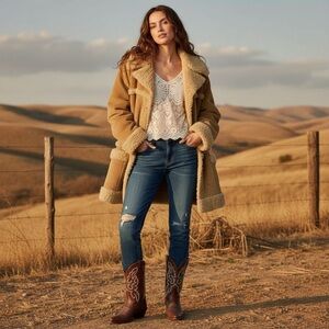 Vintage 1970s Tan Corduroy Sherpa Coat Oversized Boho Ranch Jacket